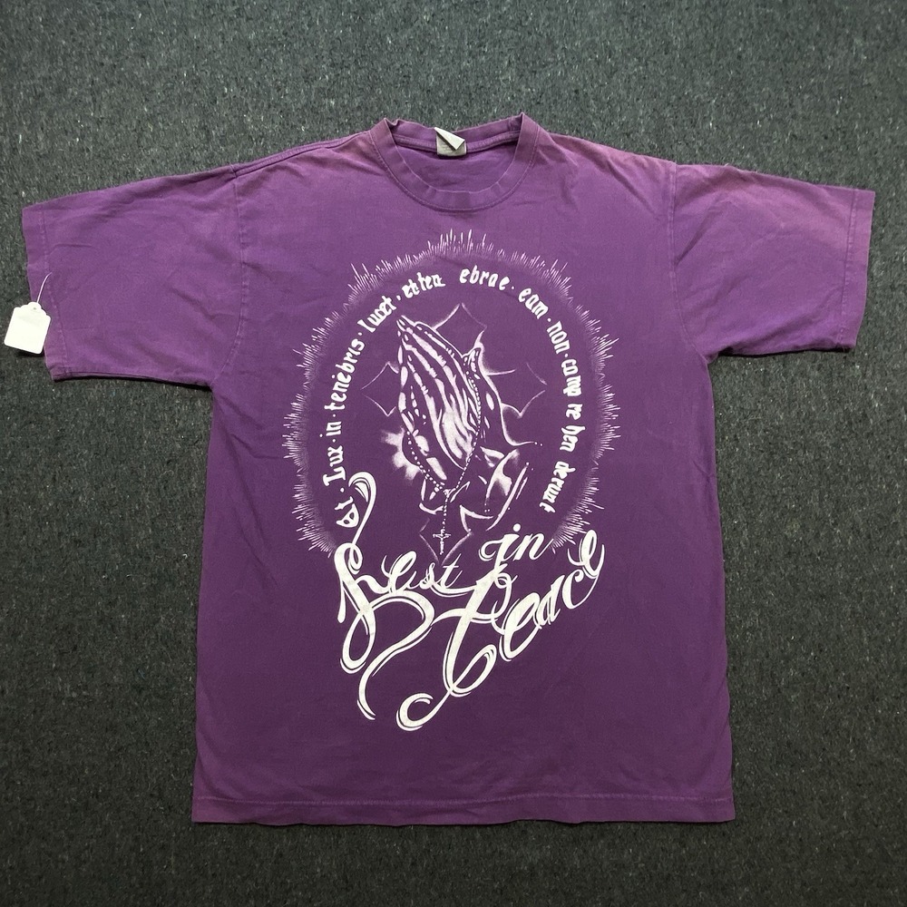 New Horizon Lux In Tenerbis Lucet Latin‎ Cross Purple Faded T-Shirt Sz XL
